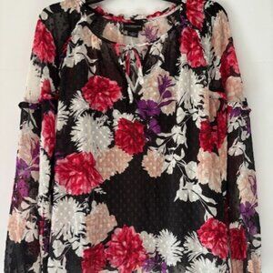 Liz Claiborne Blouse L Black Red Floral Long Sleeve Tie Neck Textured Romantic